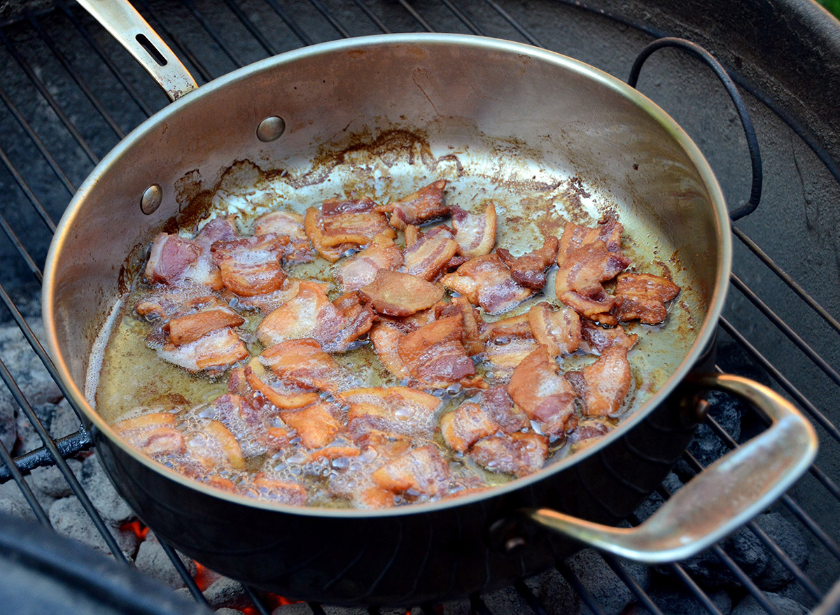 crispy bacon squares in a pot