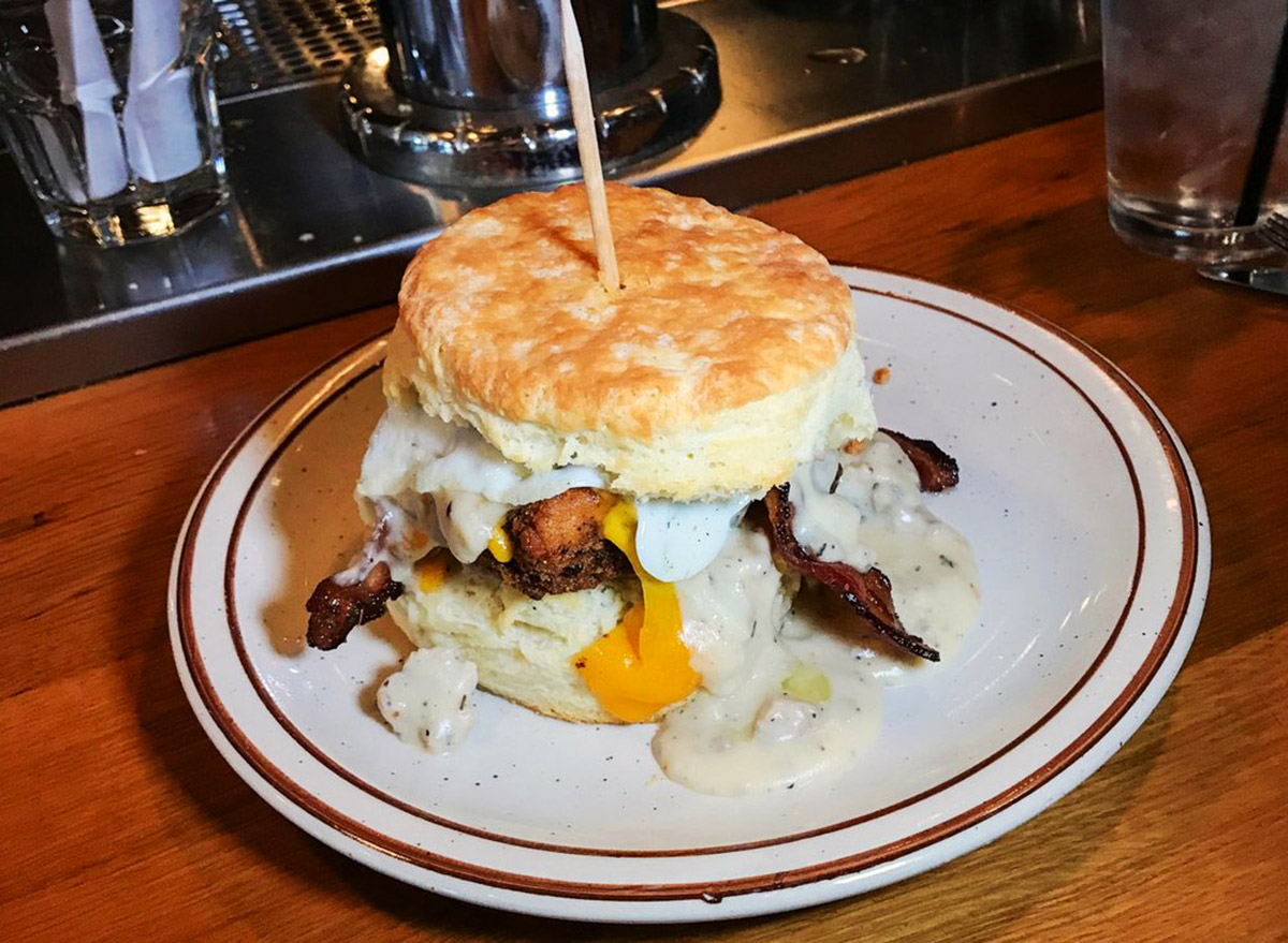 biscuit sandwich with chicken, bacon and cheddar cheese on a plate from denver biscuit company