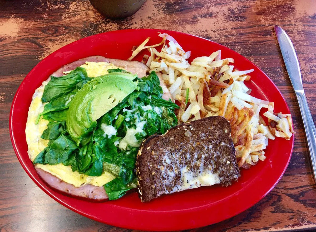 Plate of eggs, avocado, toast, and hash browns at Hoot Owl Cafe in Idaho