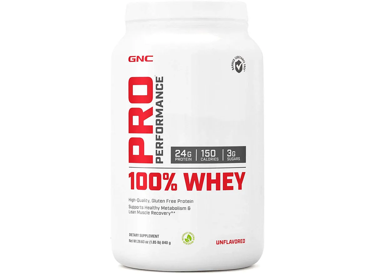 GNC pro performance 100 percent whey protein powder tub