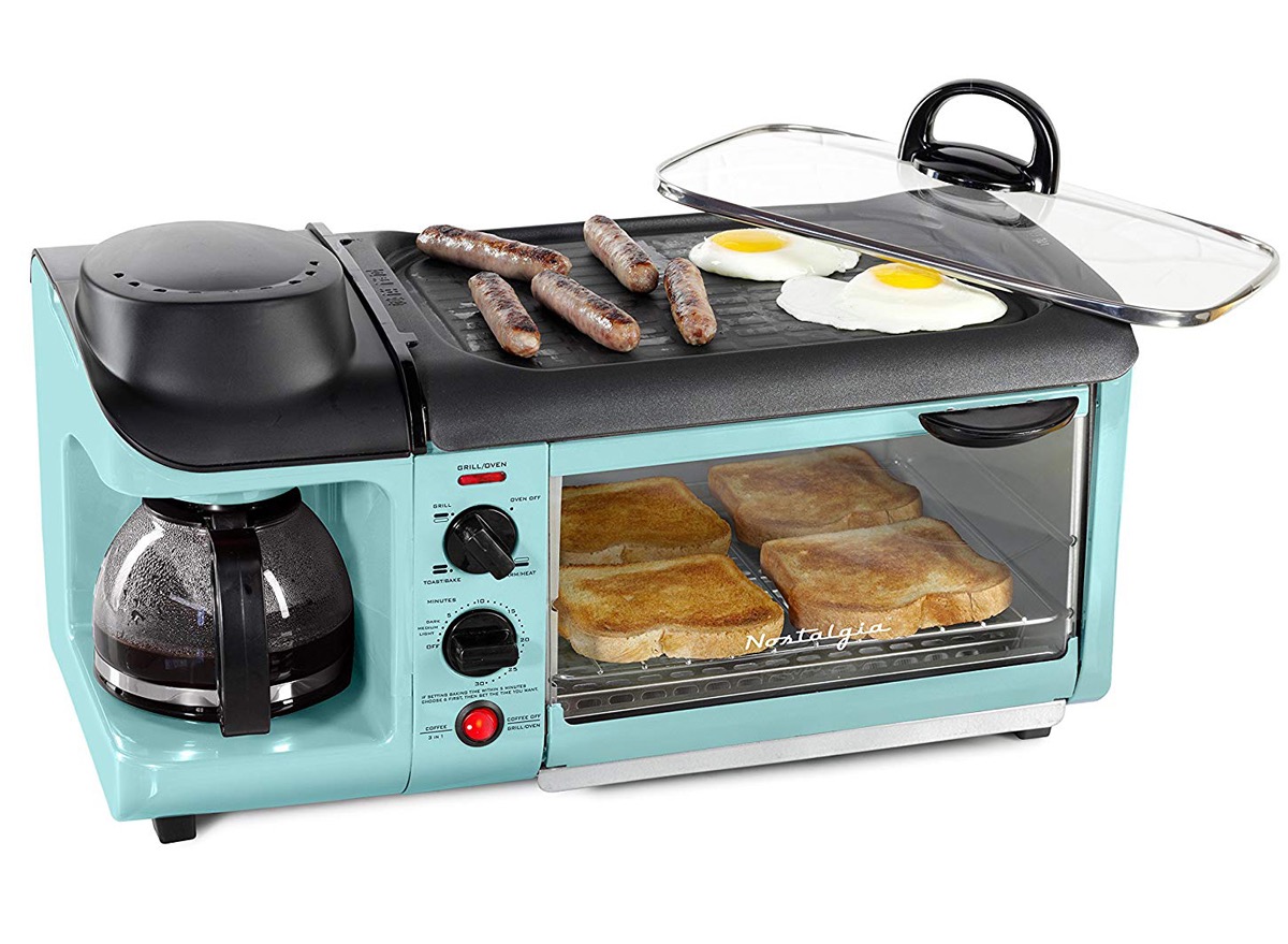 blue combo griddle toaster and coffee maker