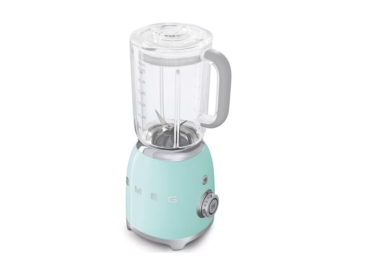 teal smeg blender on white background