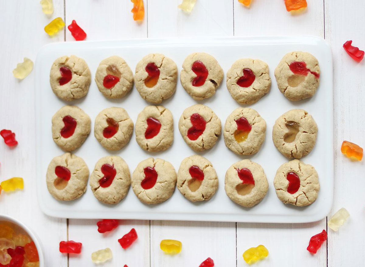gummy bear thumbprint cookies on tray
