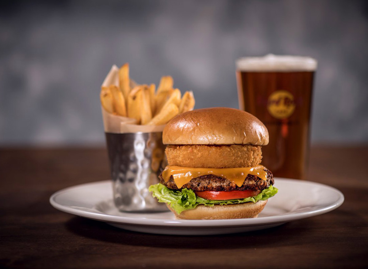 hard rock cafe impossible burger on plate with a side of fries