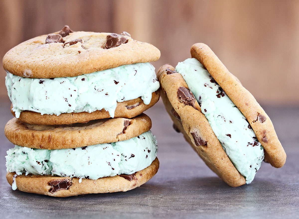 Homemade ice cream sandwiches made with sliced ice cream chunks