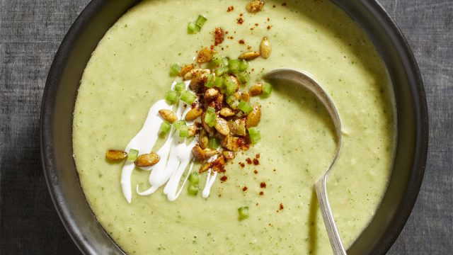 keto avocado soup in bowl with spoon
