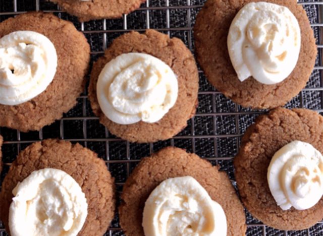 keto pumpkin cookies cream cheese frosting on cooling rack