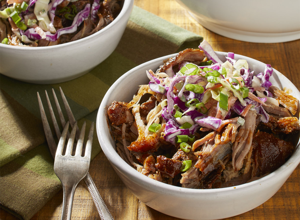 keto shredded pork shoulder in a white bowl