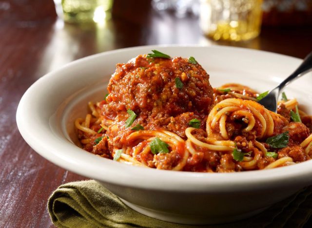 Maggiano's spaghetti with meat sauce and a meatball