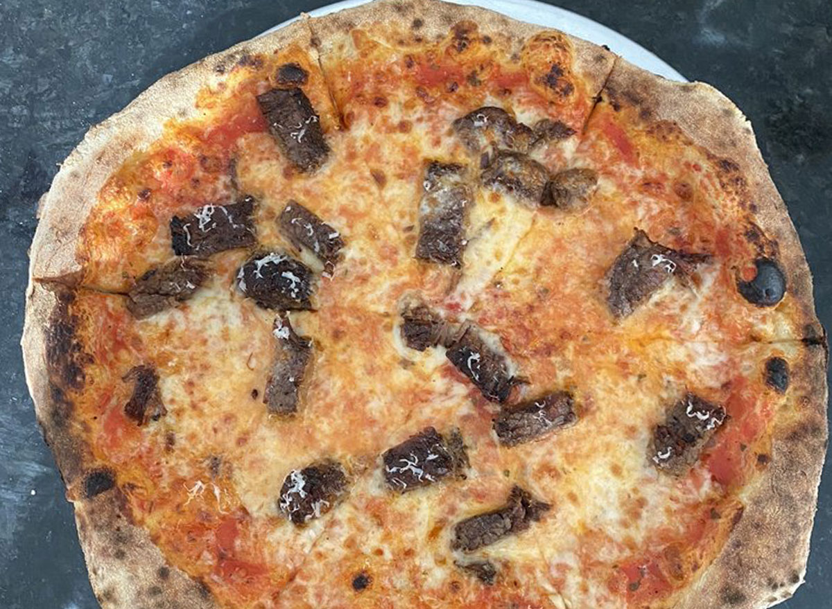 New York style cheese pizza with tender brisket at brick plus dough