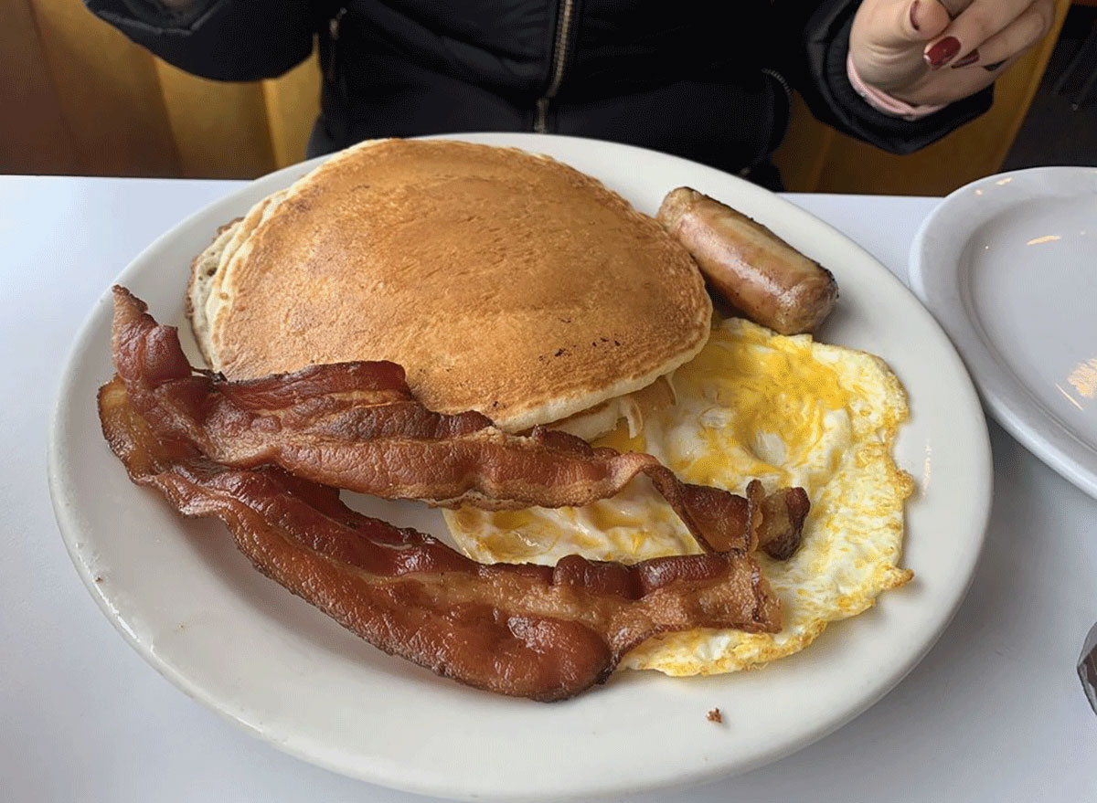 Pancakes with egg and bacon at Harry's diner