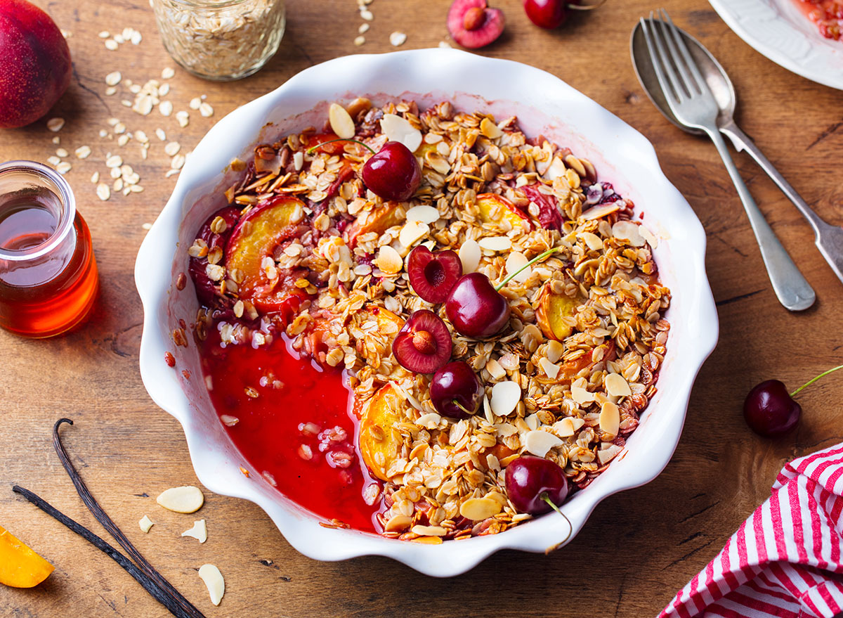 peach cherry cobbler in a pie dish