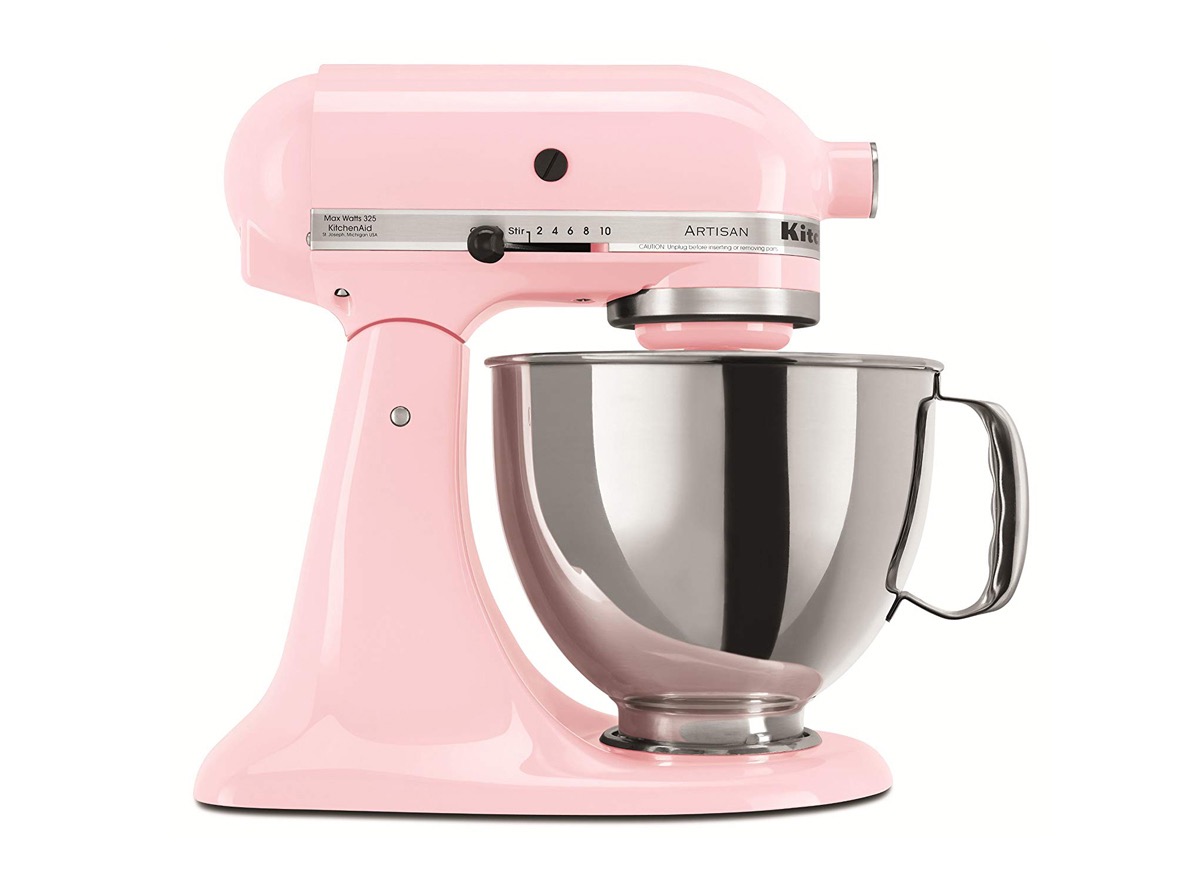 pink kitchenaid mixer on white background