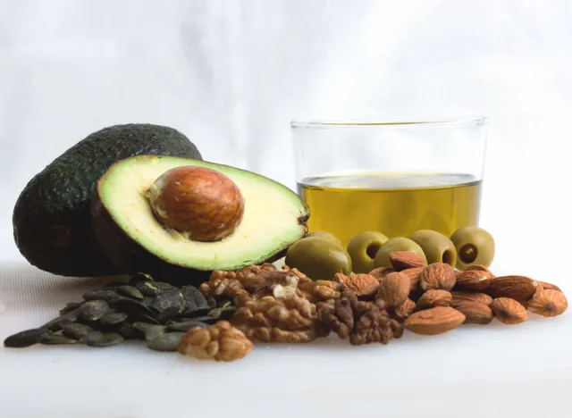 Healthy plant-based fats like avocado nut seeds and olive oil