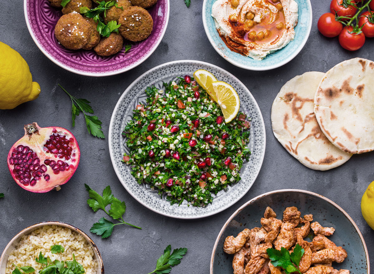 Plant-based diet mediterranean spread tabbouleh salad falafel chicken