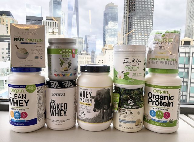 stacked containers of plant based with regular vanilla flavored protein powders