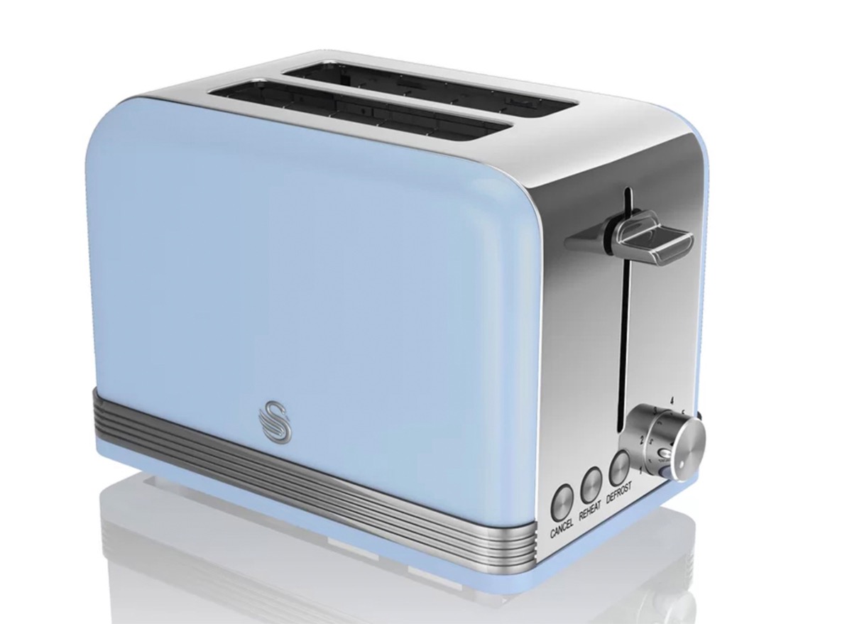 light blue toaster on white background