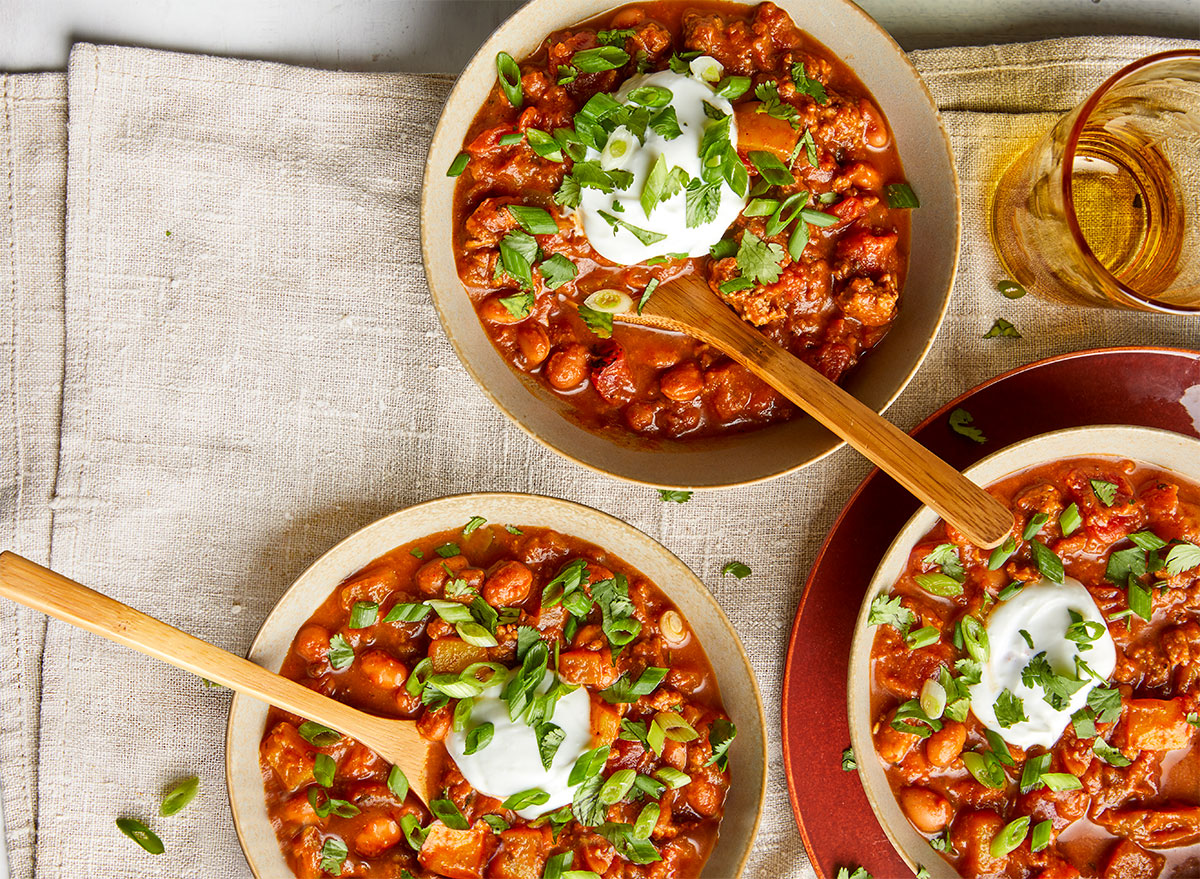 pumpkin mole chili bowls with spoons