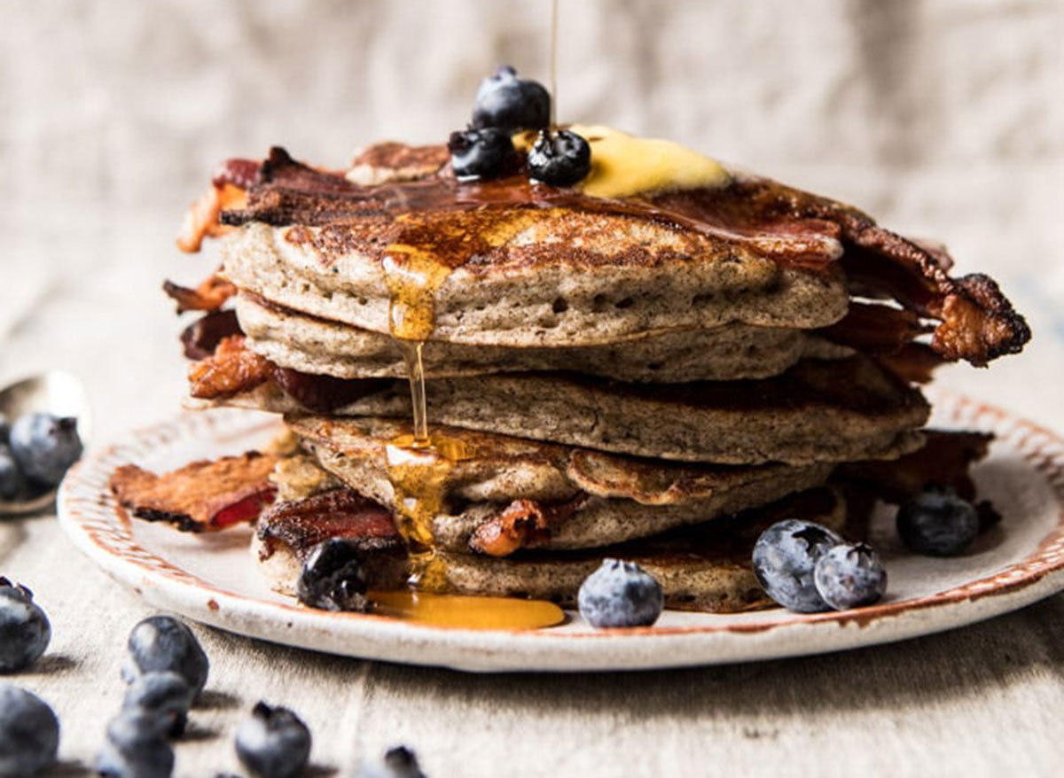 rye bacon pancakes with blueberries