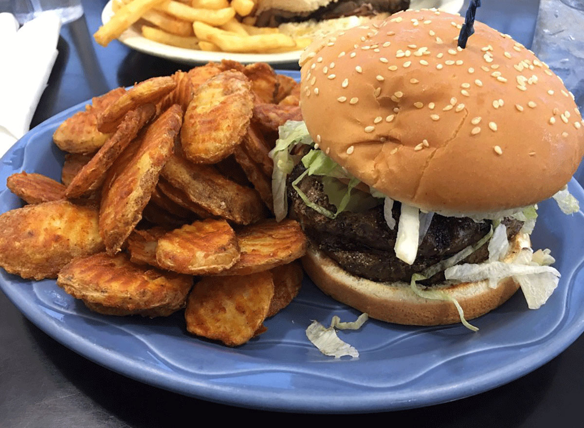 burger and fries on a blue plate from little richards family diner