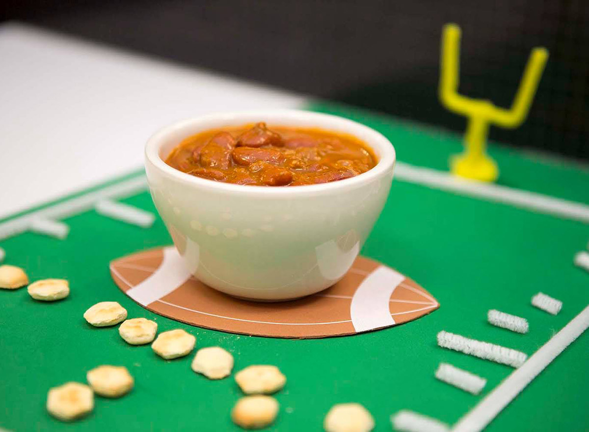 steak n shake genuine chili bow on a football themed platter