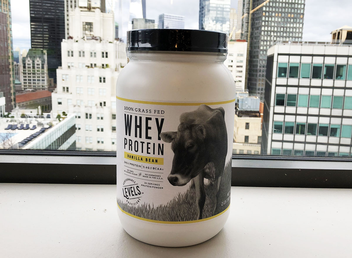 container of vanilla bean flavored whey protein powder