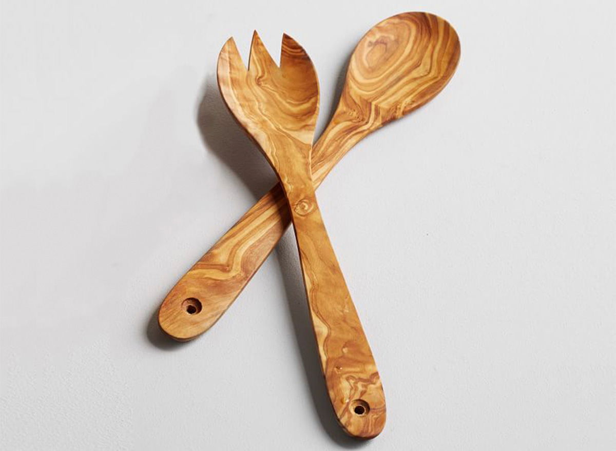 wooden salad utensils on white background