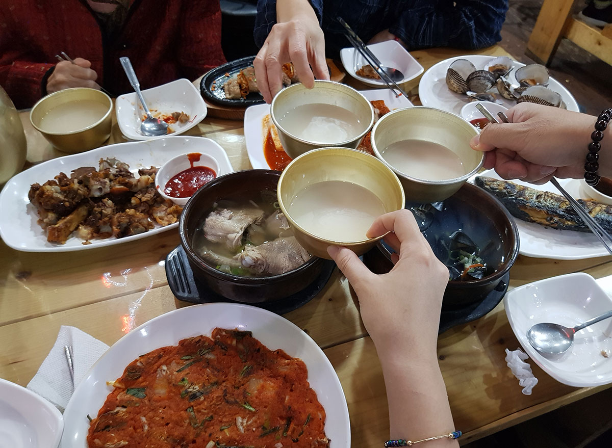 Makgeolli rice wine in bowls