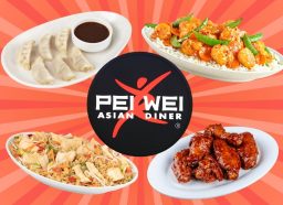 four Pei Wei dishes and sign on a red background