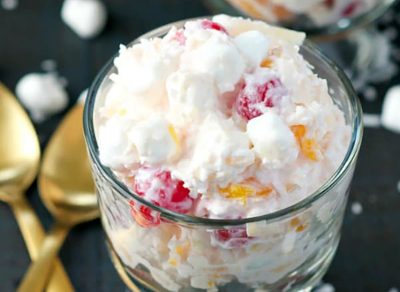 ambrosia fruit salad in glass cup