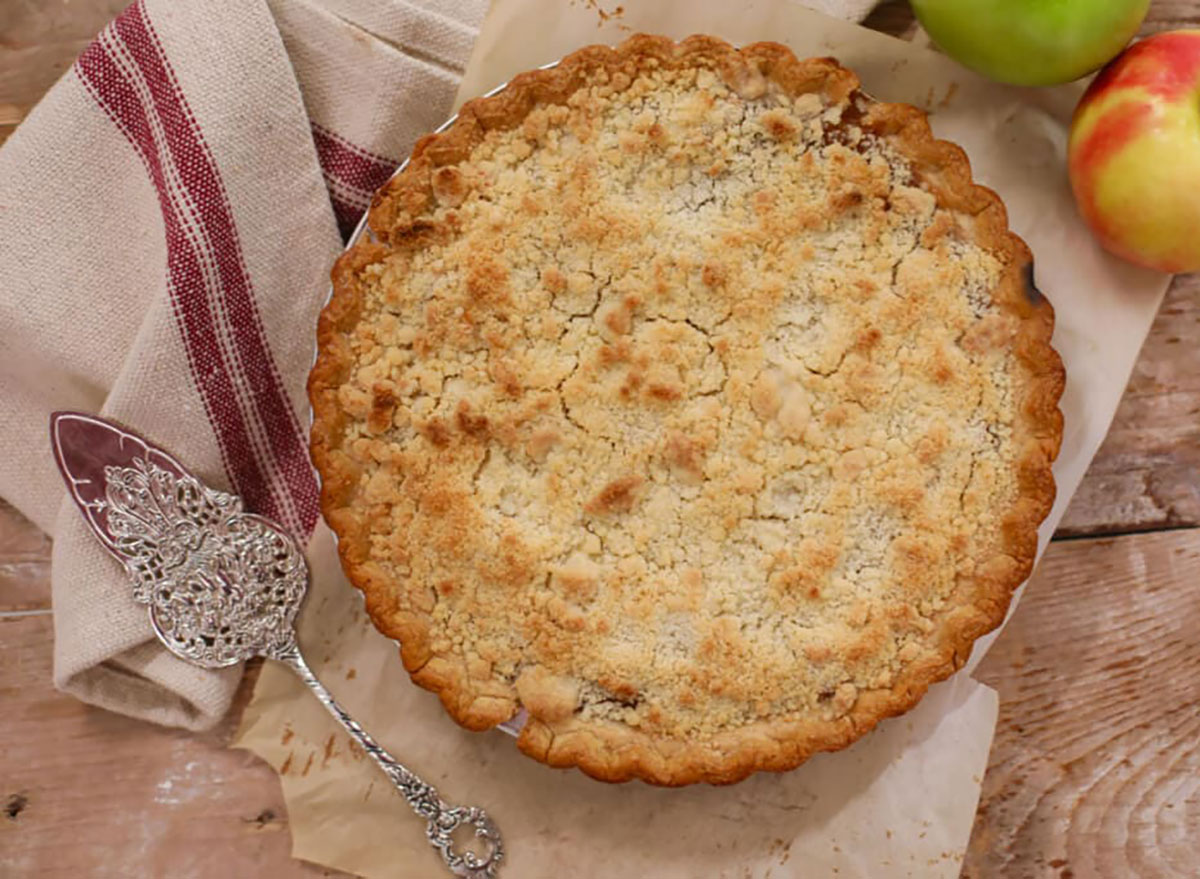 double crust apple pie in baking dish
