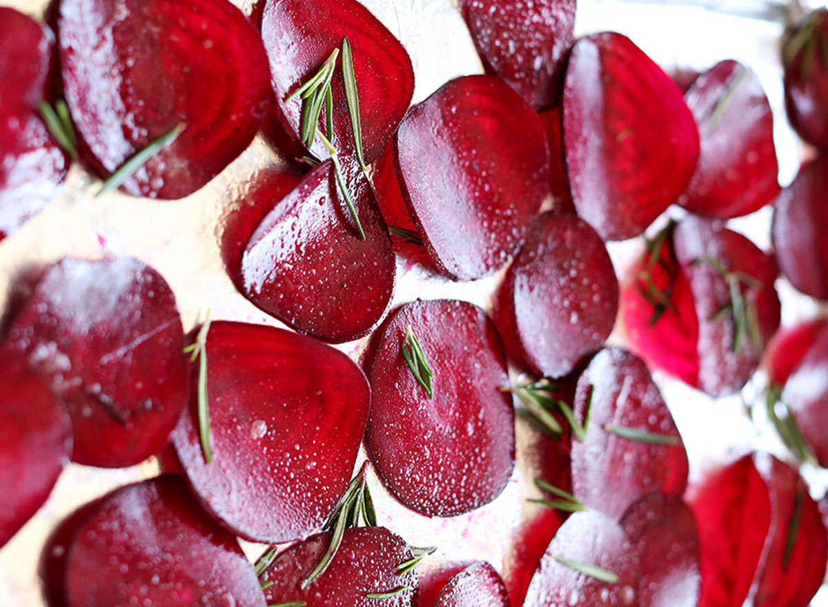 beet chips with rosemary on baking tray