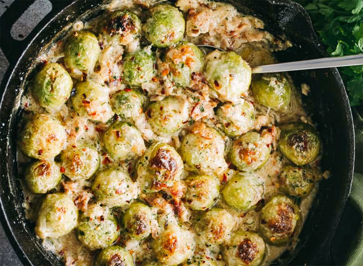 brussels sprouts with bacon in cast iron pan