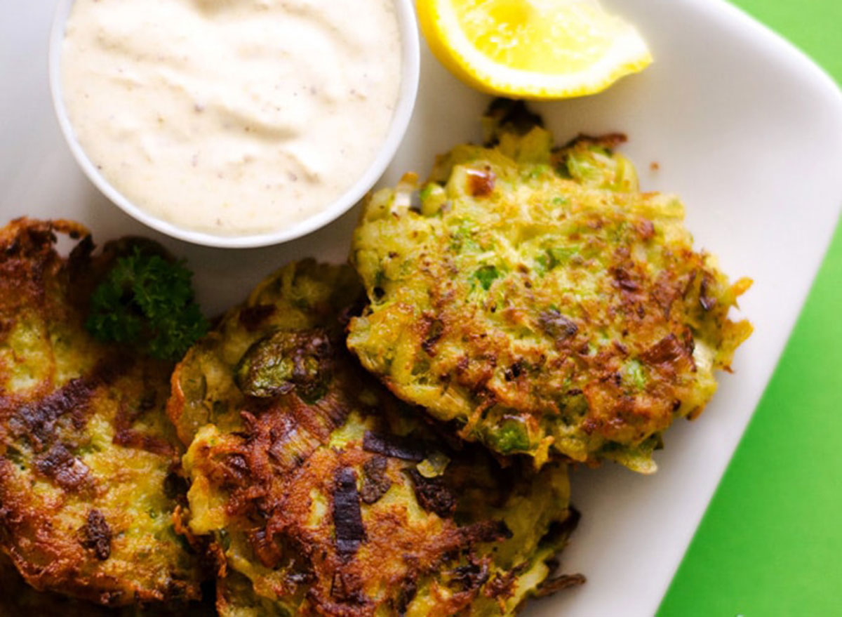 brussels sprouts latkes with dijon yogurt sauce