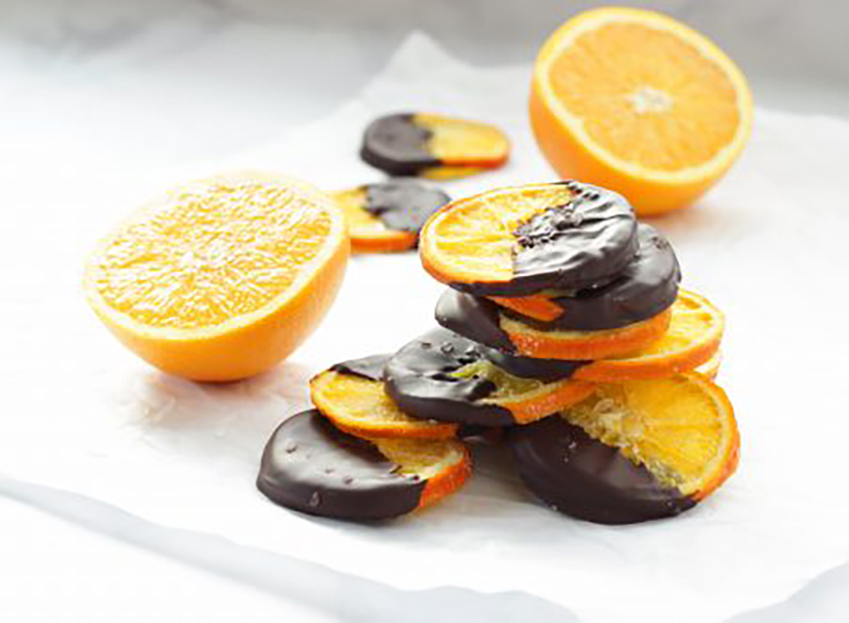 slices of candied oranges dipped in dark chocolate