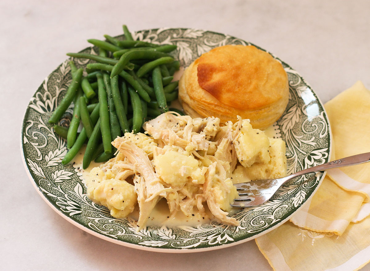 Chicken and dumplings with green beans and biscuit