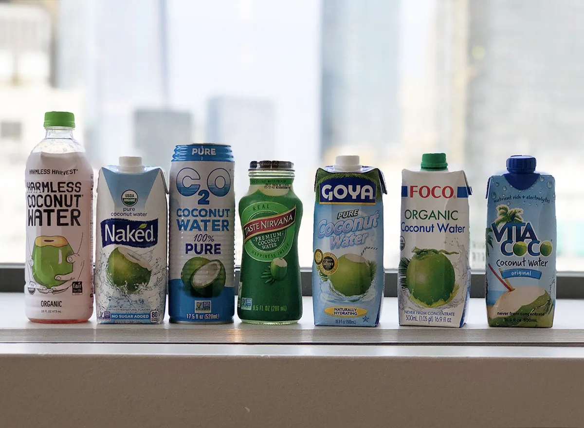 coconut water taste tester bottles on window sill