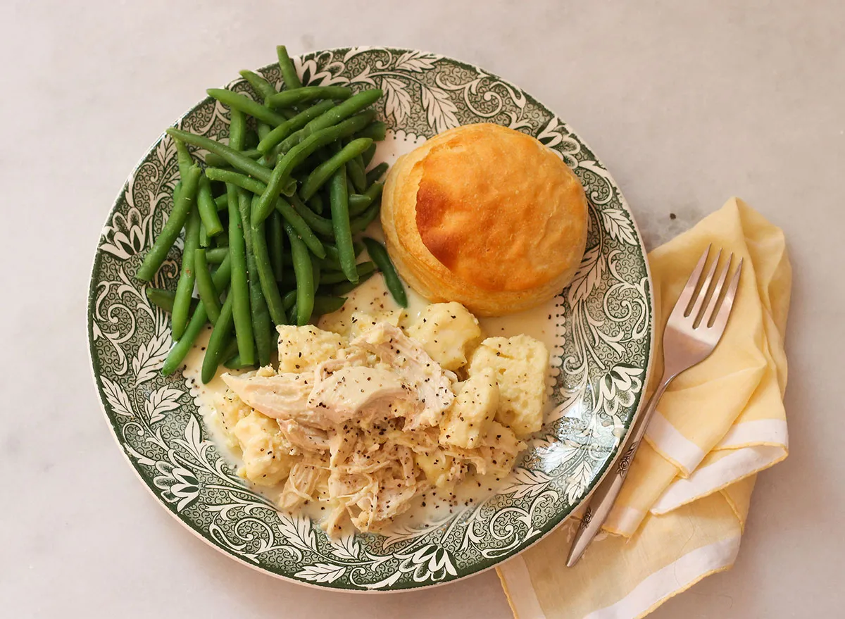 Chicken and Dumplings served with traditional Cracker Barrel sides