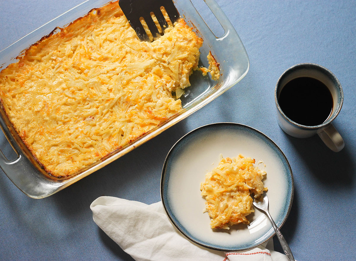 Serving up copycat Cracker Barrel hashbrown casserole with coffee