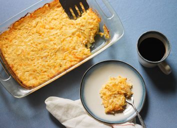 Serving up copycat Cracker Barrel hashbrown casserole with coffee