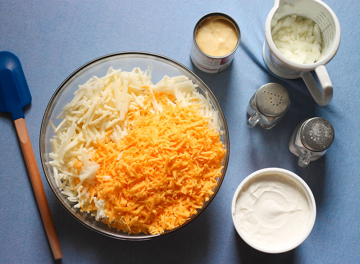 All the ingredients to make a hashbrown casserole