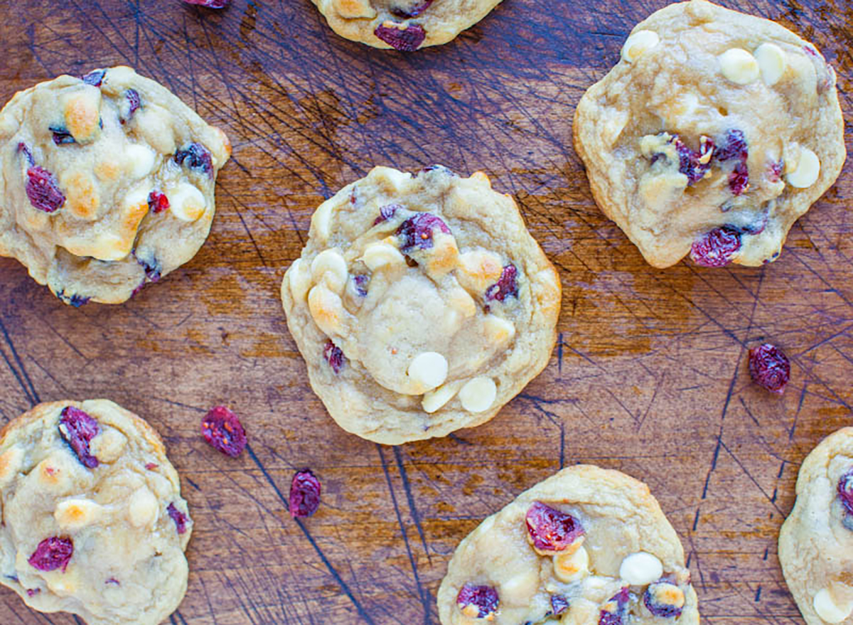 cranberry white chocolate cookies on wooden board