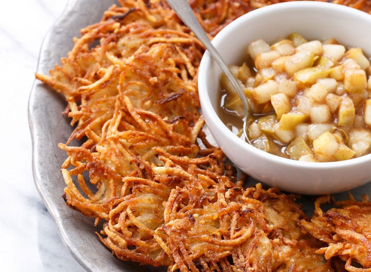 crispy potato latkes with spiced pear compote