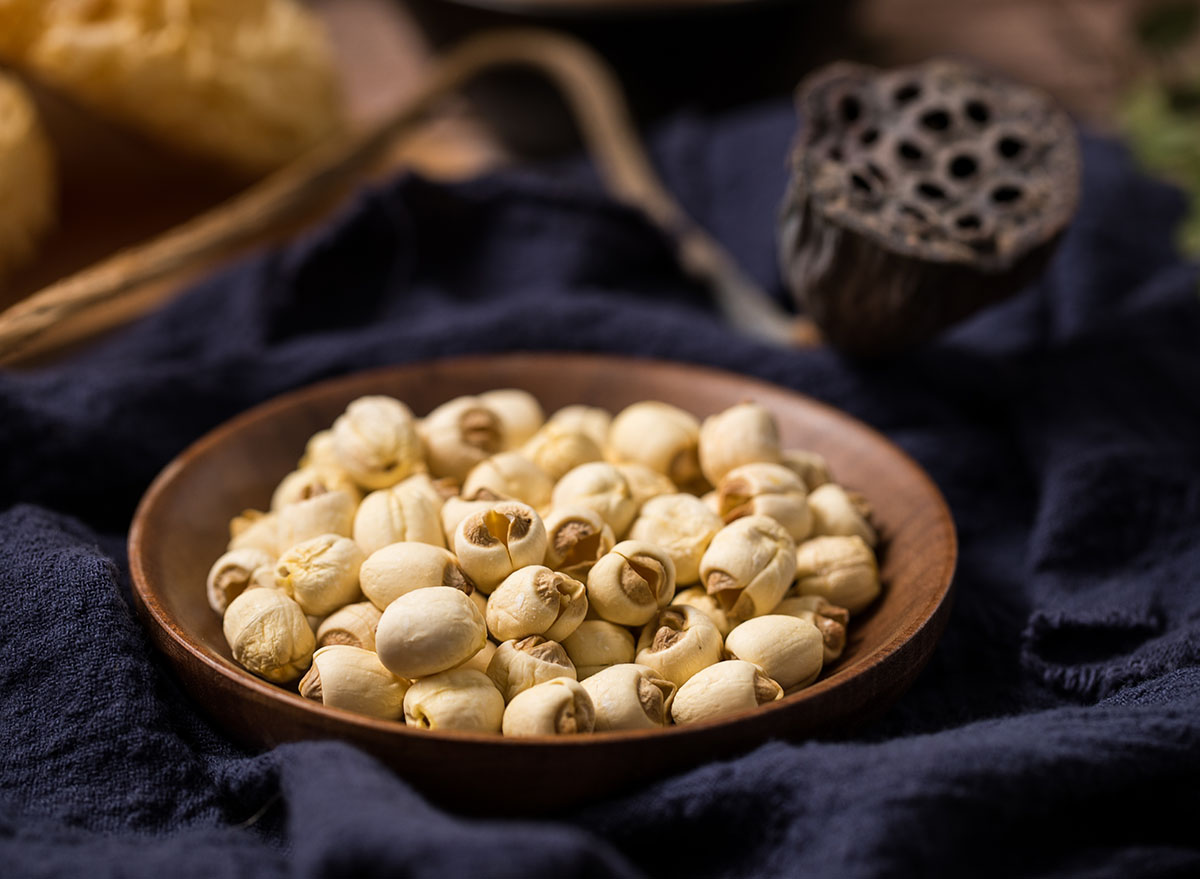 Dry lotus seeds in a bowl