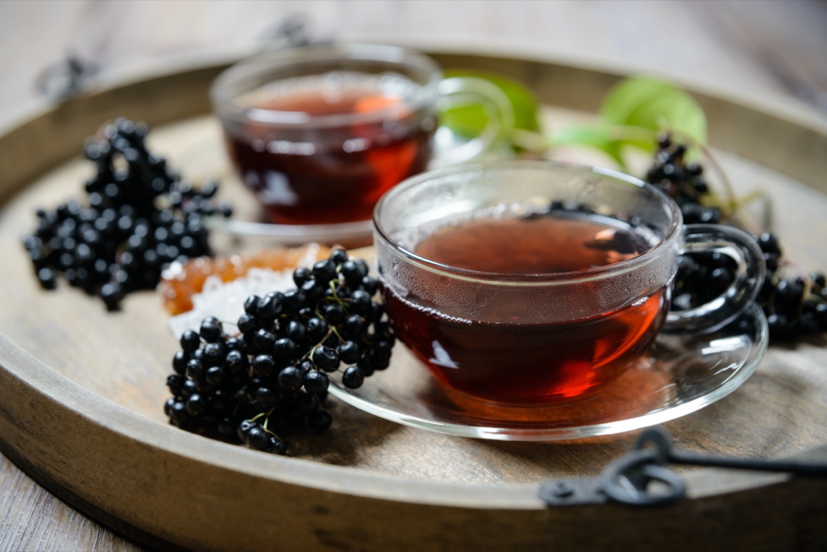 A bottle of homemade elderberry syrup