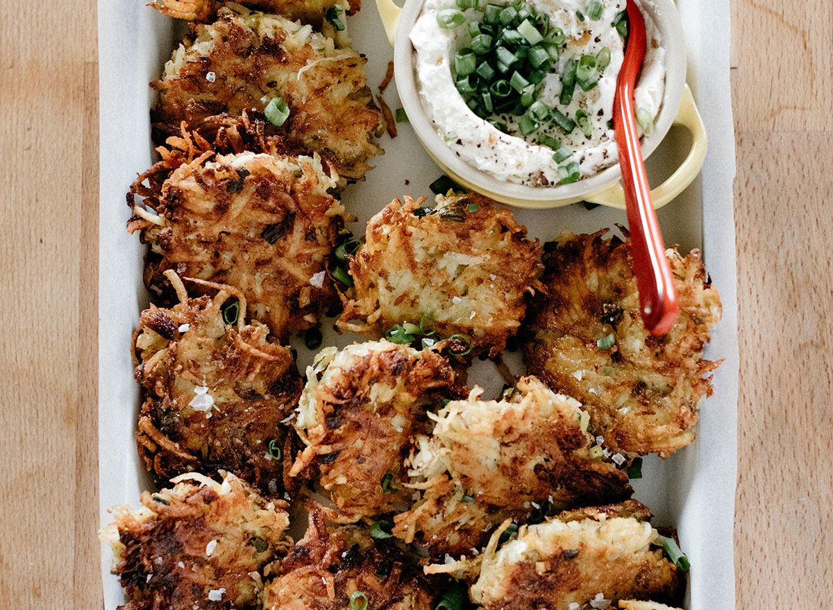 garlic onion latkes with sour cream