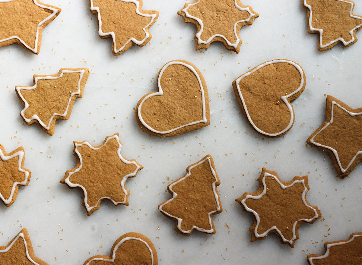 finished gingerbread cookies on a marble counter