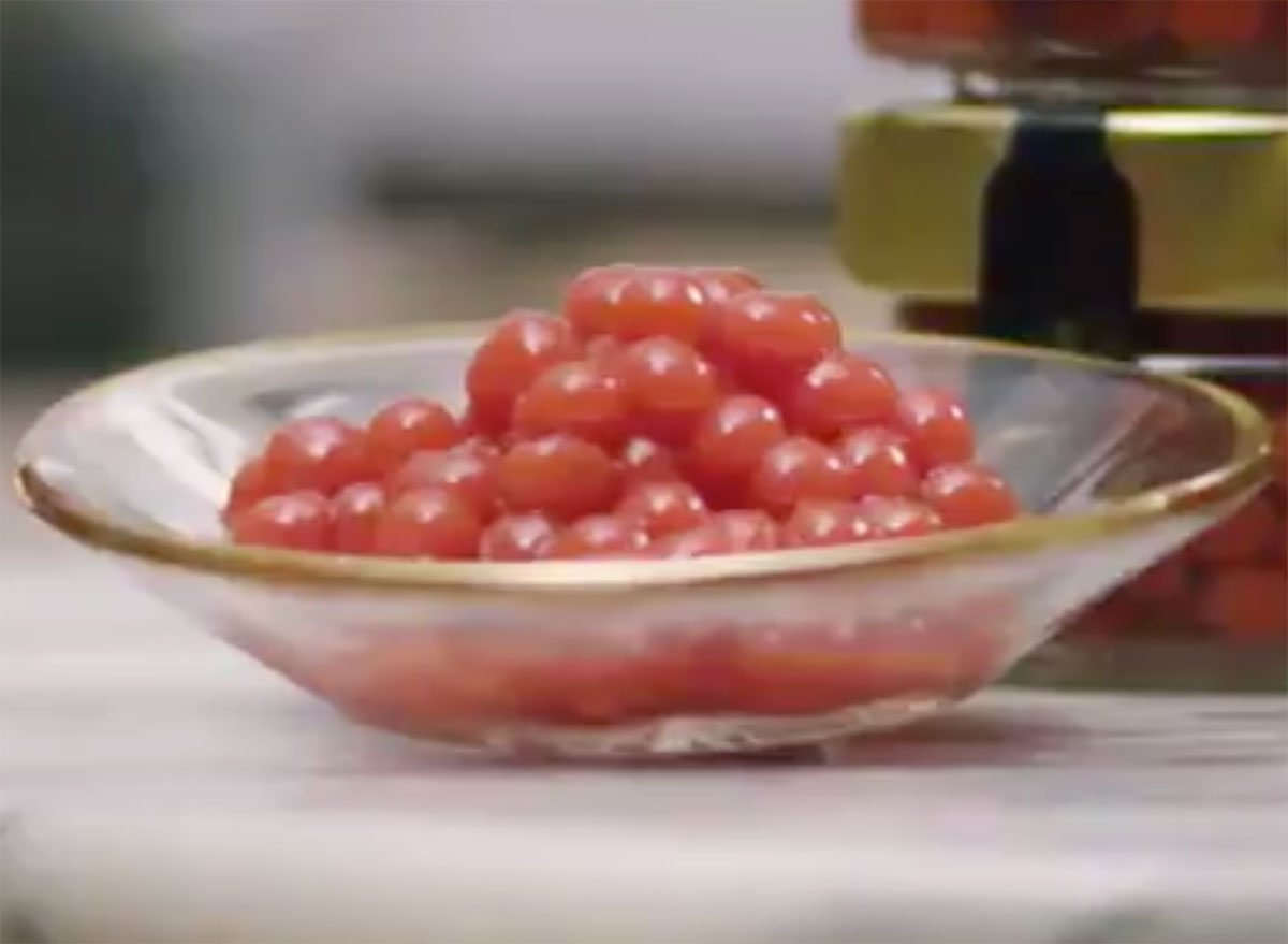 bowl of heinz ketchup caviar balls in glass bowl