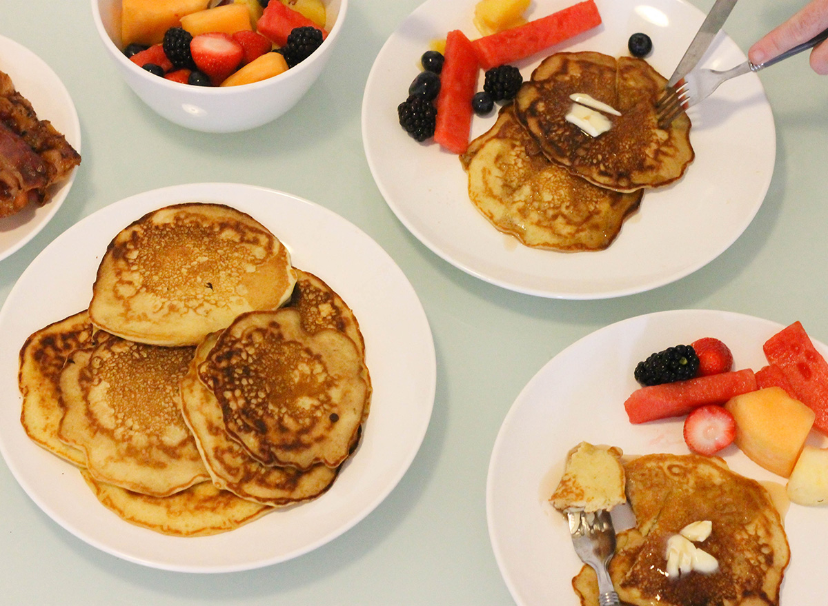 Homemade buttermilk pancakes with fruit for breakfast