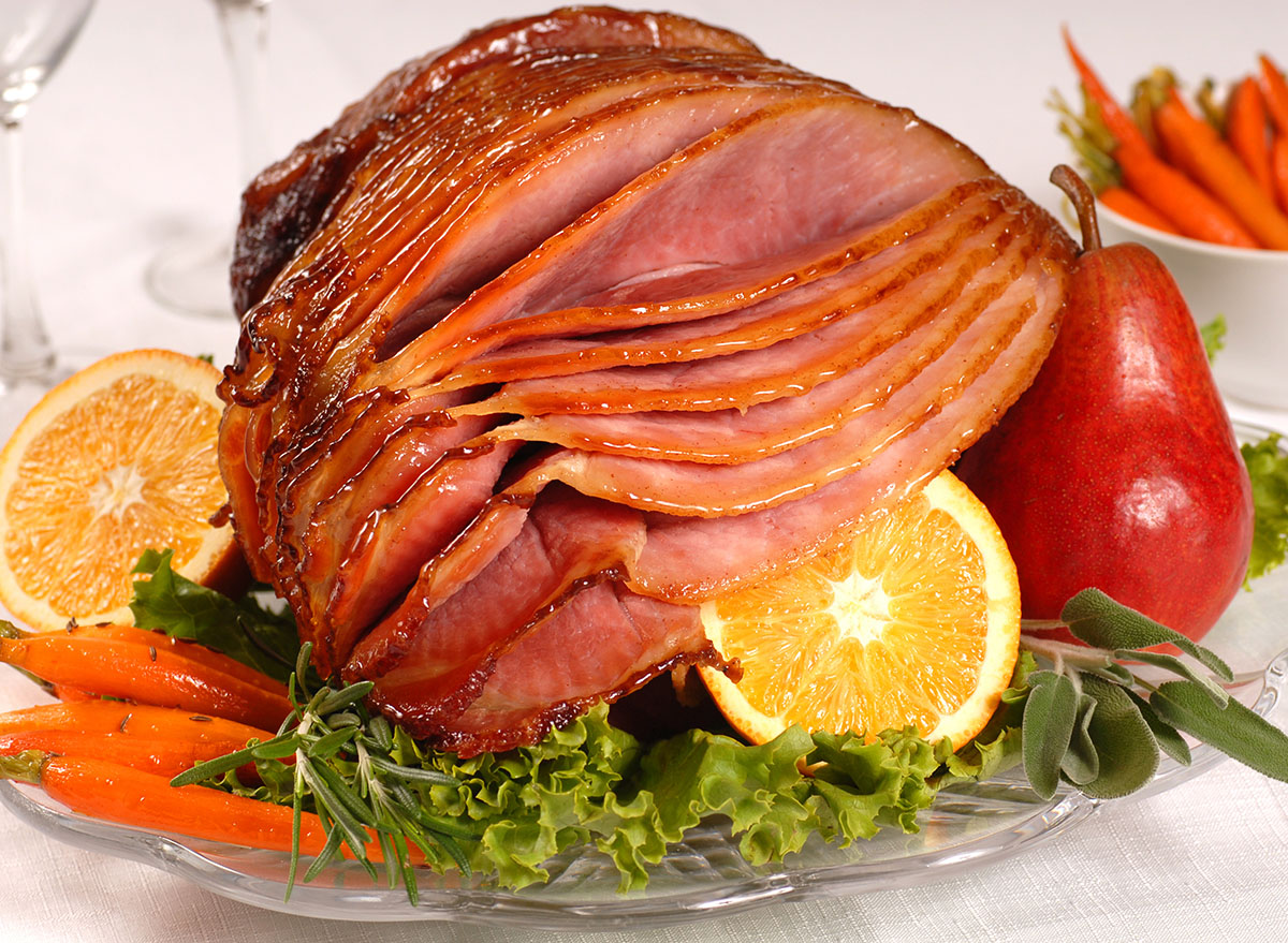 honey glazed ham with fruits and vegetables